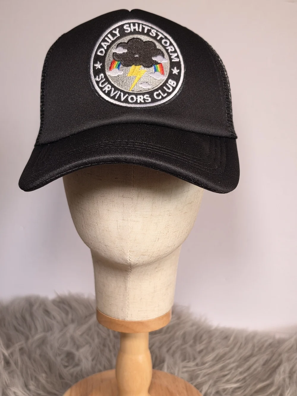 90s Inspired Woman's Black Trucker Hat with Funny Patchwork